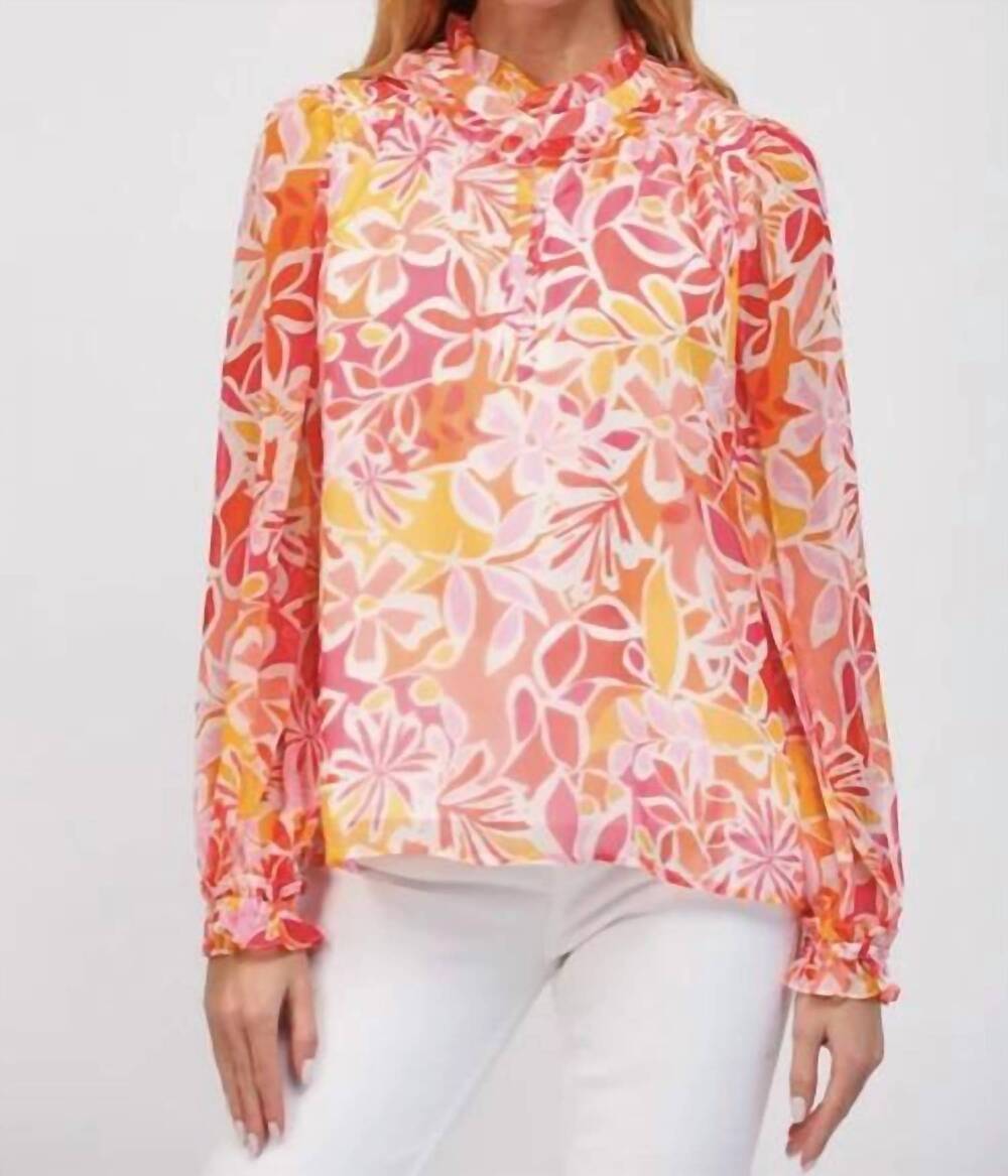 NEW FATE ruffle neck soft bloom blouse in pink/ orange